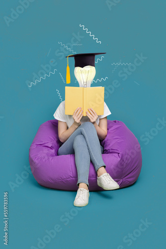 Creative photo 3d collage artwork poster postcard picture of weird clever person preparing exam finish test isolated on painting background