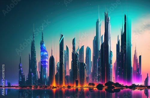 Future smart city landscape concept. Skyscrapers in abstract panoramic bright night futuristic metropolis. Generative AI