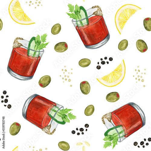 Seamless Bloody Mary cocktail pattern, Alcoholic drink print,  Colorful sketch cocktails background, Watercolor pattern, Cocktail glasses background