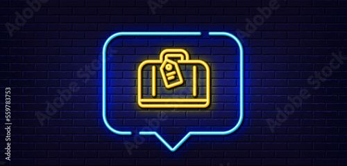 Neon light speech bubble. Airport hand baggage reclaim line icon. Airplane luggage sign. Flight checked bag symbol. Neon light background. Hand baggage glow line. Brick wall banner. Vector