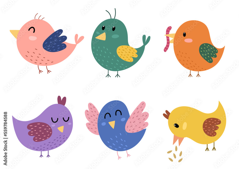 Cute birds collection. Hand drawn characters set in cartoon style for kids design. Vector illustration