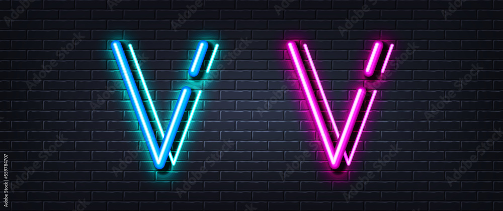 Initial letter V icon. Neon light line effect. Line typography character sign. Large first font letter. Glowing neon light element. Letter V glow 3d line. Brick wall banner. Vector Initial letter V icon. Neon light line effect. Line typography character sign. Large first font letter. Glowing neon light element. Letter V glow 3d line. Brick wall banner. Vector