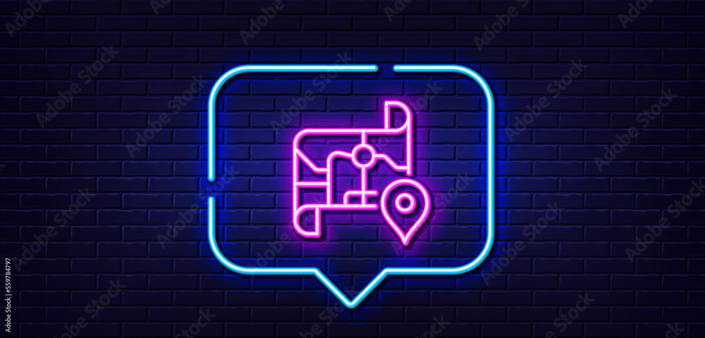 Neon light speech bubble. Map line icon. Road trip sign. Journey route distance symbol. Neon light background. Map glow line. Brick wall banner. Vector Neon light speech bubble. Map line icon. Road trip sign. Journey route distance symbol. Neon light background. Map glow line. Brick wall banner. Vector