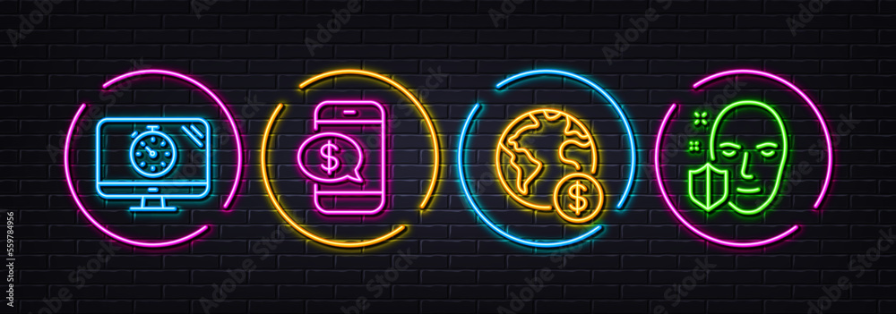 Global business, Seo timer and Phone payment minimal line icons. Neon laser 3d lights. Face protection icons. For web, application, printing. Financial world, Analytics, Mobile pay. Vector