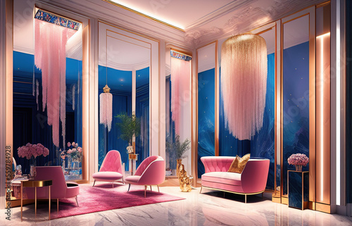 Stunning luxury store window display with pink and blue hanging crystals on back wall, Stunning Lavish apartment interior design . Generative AI photo