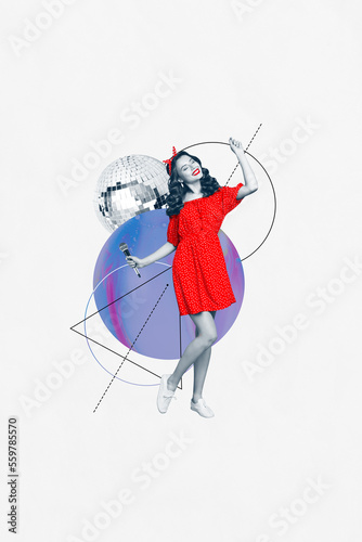 Creative photo 3d collage artwork poster postcard of funky lady host wear red outfit enjoy free time event isolated on painting background