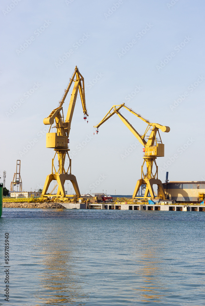 Set of cranes at the shipyard in Cadiz, Andalusia, Spain.Shipbuilding industry