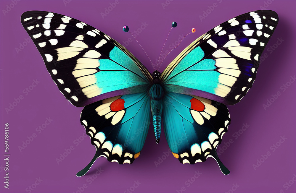 Obraz premium butterly with snowdrop and daffaodil flowers in wing, garnet and aquamarine colors. Generative AI