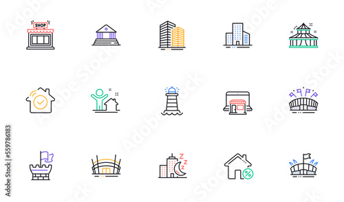 Shield, Skyscraper buildings and Court building line icons for website, printing. Collection of Marketplace, Lighthouse, House security icons. Arena stadium, Shop, Arena web elements. Vector