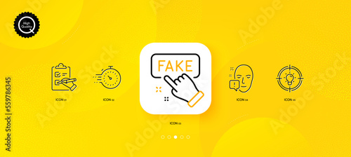 Idea, Fake information and Face attention minimal line icons. Yellow abstract background. Timer, Checklist icons. For web, application, printing. Solution, False truth, Exclamation mark. Vector