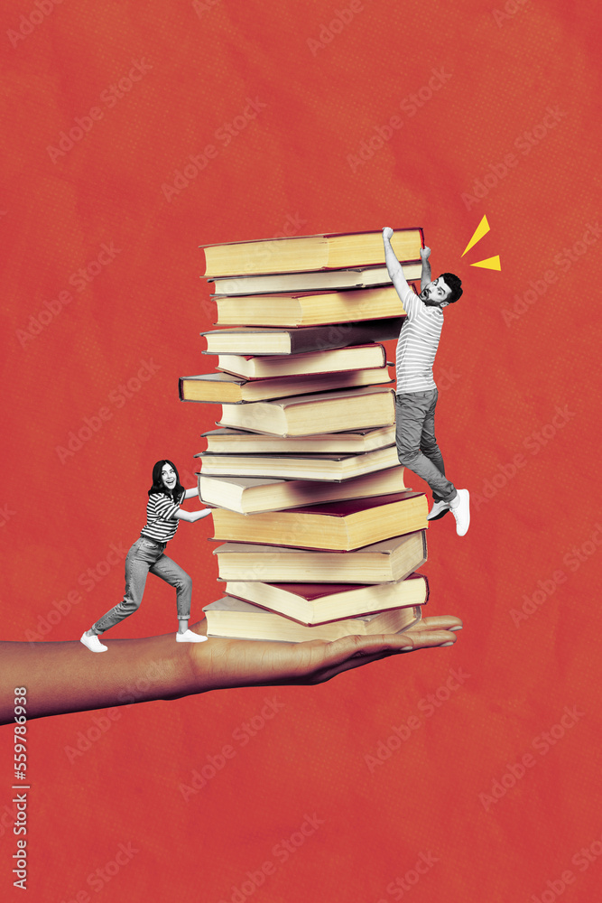 Creative photo 3d collage artwork poster postcard of young happy people buy many books preparing exam test isolated on painting background - obrazy, fototapety, plakaty 