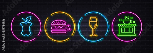 Wineglass, Food delivery and Organic waste minimal line icons. Neon laser 3d lights. Coffee shop icons. For web, application, printing. Burgundy glass, Cheeseburger, Leftover food. Tea house. Vector