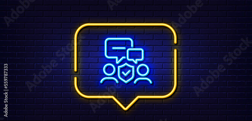Neon light speech bubble. Security agency line icon. Body guards sign. Private protection symbol. Neon light background. Security agency glow line. Brick wall banner. Vector