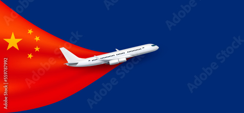 Airplane and China flag red on blue background with copy space for text. For banner making ad media about tourism. Opening country and accepting tourists concept and travel transport. 3D Vector EPS10.