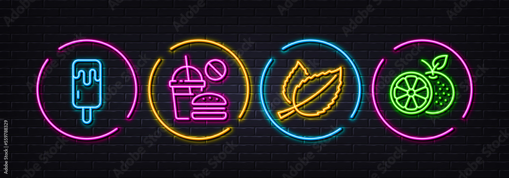 Mint leaves, Ice cream and Fast food minimal line icons. Neon laser 3d lights. Orange icons. For web, application, printing. Mentha herbal, Sundae stick, Burger with beverage. Fresh fruit. Vector Mint leaves, Ice cream and Fast food minimal line icons. Neon laser 3d lights. Orange icons. For web, application, printing. Mentha herbal, Sundae stick, Burger with beverage. Fresh fruit. Vector