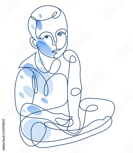 Cute beautiful boy vector line art monochrome illustration isolated, toddler kid artistic linear drawing.