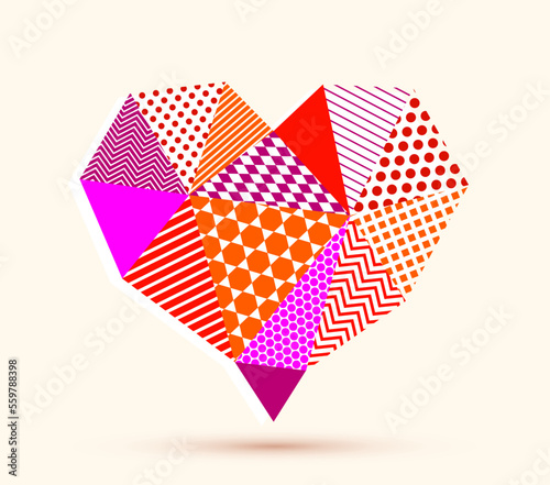 Low poly pattern geometric heart vector icon or logo, graphic design 3d love theme element, polygonal dimensional heart.