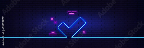 Neon light glow effect. Check line icon. Approved Tick sign. Confirm, Done or Accept symbol. 3d line neon glow icon. Brick wall banner. Tick outline. Vector