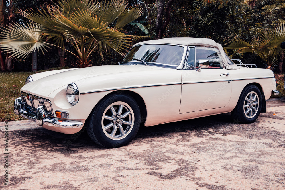 Classic MG MGB Roadster GT cream color car parked on road in garden