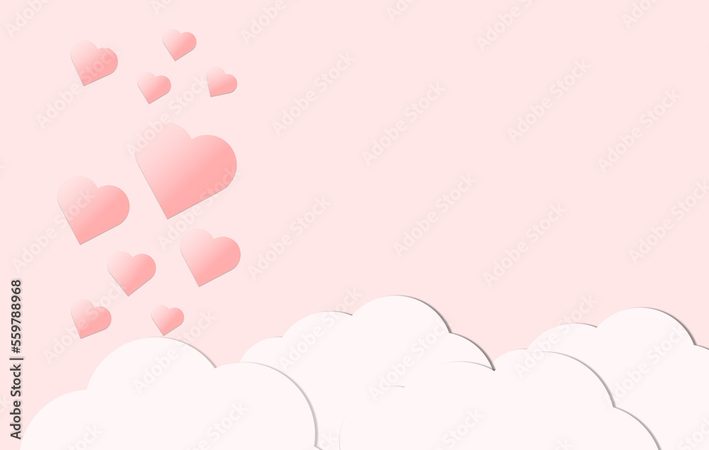 Valentines day banner. Red hearts balloons on flying over clouds with pink background. Greeting card. Paper cut and craft style illustration
