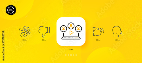 Cough, Blood donation and Dislike hand minimal line icons. Yellow abstract background. Social responsibility, Video conference icons. For web, application, printing. Vector