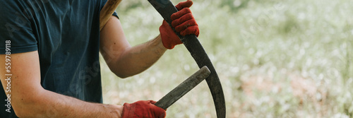 mowing grass traditional old-fashioned way with hand scythe on household village farm. young mature farmer man sharpening scythe with grass or whetstone for mowing the grown weed of a farmland. banner