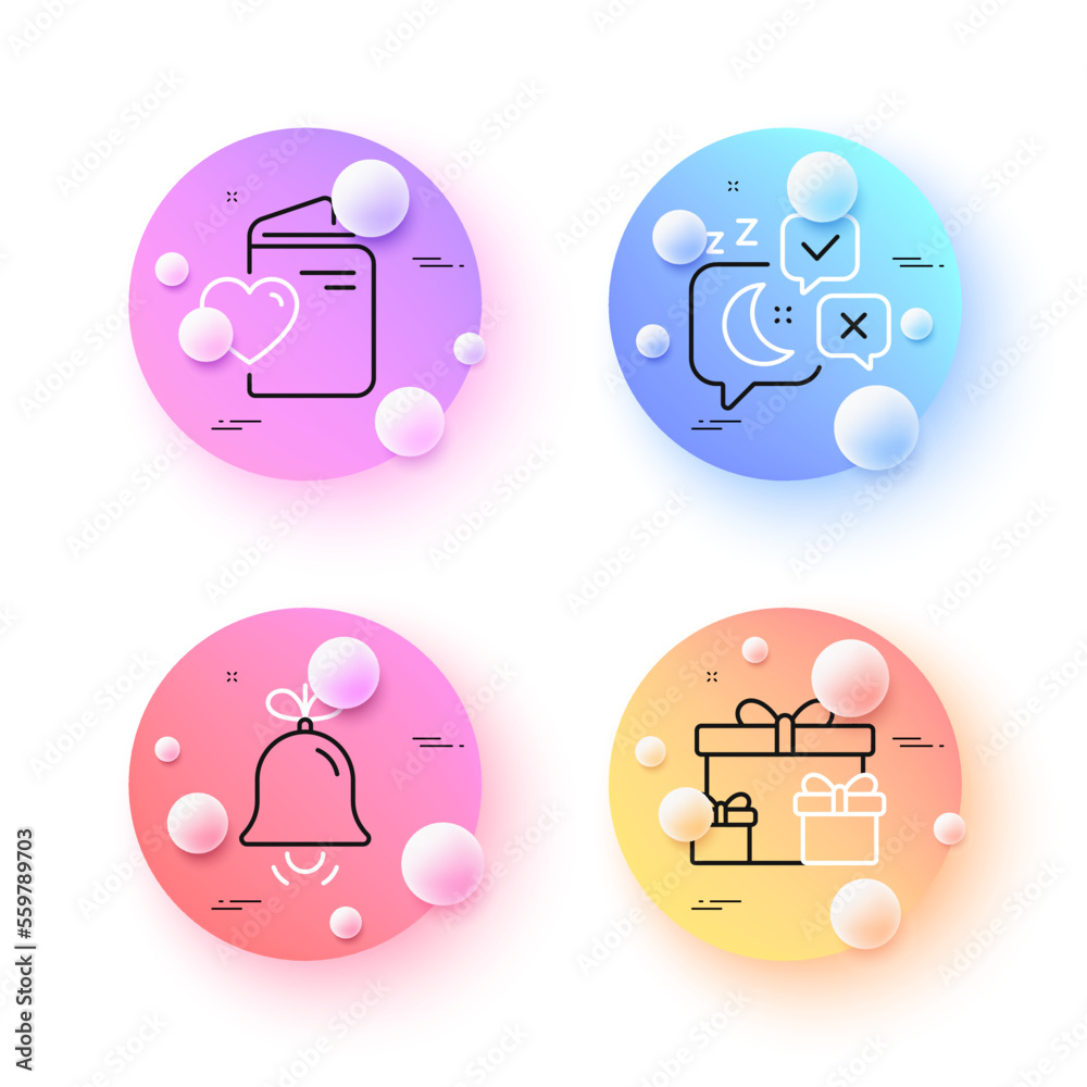 Love document, Surprise boxes and Sleep minimal line icons. 3d spheres or balls buttons. Bell icons. For web, application, printing. Registry office, Holiday gifts, Night chat. Alarm signal. Vector Love document, Surprise boxes and Sleep minimal line icons. 3d spheres or balls buttons. Bell icons. For web, application, printing. Registry office, Holiday gifts, Night chat. Alarm signal. Vector
