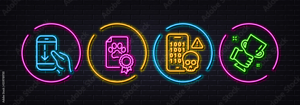 Scroll down, Cyber attack and Dog certificate minimal line icons. Neon laser 3d lights. Winner cup icons. For web, application, printing. Swipe phone, Phone hacker, Winner award. Best trophy. Vector