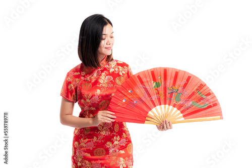 Chinese girl wearing traditional cheongsam qipao dress holding a fan isolated on white background