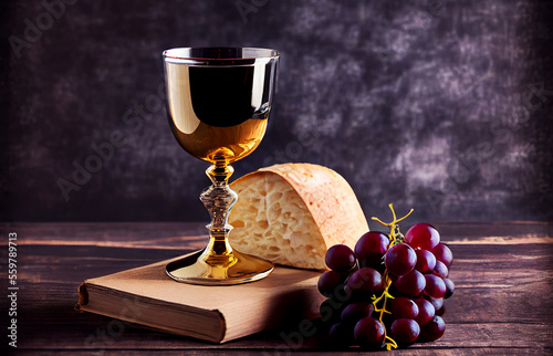 Holy communion on wooden table on church.Taking holy Communion.Cup of glass with red wine, bread.The Feast of Corpus Christi Concept. Generative AI.