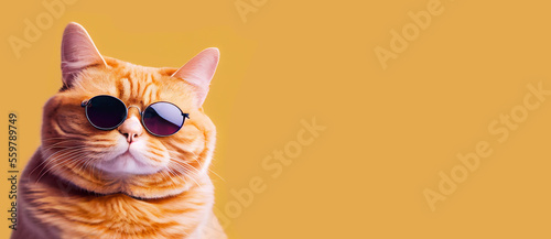 Tablou canvas Portrait of a funny ginger cat wearing sunglasses isolated on yellow background, Banner Copyspace