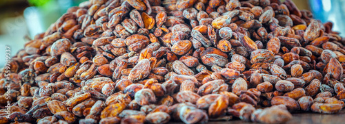 Aromatic brown Cocoa beans and cocoa seed on the cocoa concept with raw materials of Chocolat as background