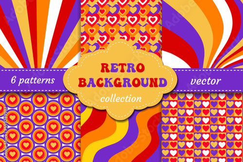 Retro love 70s 60s patterns. Set geometric ornaments with hearts. Vector.
