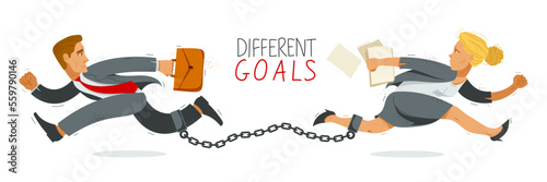 Businessman and businesswoman run in a different directions linked by a shackles to their legs vector illustration, different goals concept, man and woman business competition.