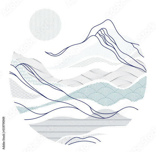 Nature art oriental Japanese style vector abstract background in a shape of circle, runny like water shapes and lines with textures.