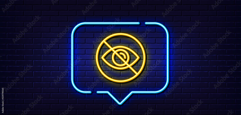 Neon light speech bubble. No eye line icon. Not looking sign. Optometry vision care symbol. Neon light background. Not looking glow line. Brick wall banner. Vector Neon light speech bubble. No eye line icon. Not looking sign. Optometry vision care symbol. Neon light background. Not looking glow line. Brick wall banner. Vector