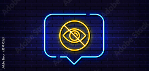 Neon light speech bubble. No eye line icon. Not looking sign. Optometry vision care symbol. Neon light background. Not looking glow line. Brick wall banner. Vector
