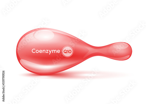 Cosmetic capsule Coenzyme Q10 or Collagen antibiotic gel pill template for repair Skin care anti age and Hair. Serum capsule red 3D realistic isolated on white background. Vector EPS10.