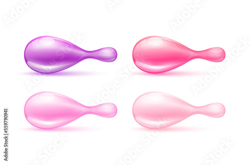Capsule Vitamins, Collagen Omega antibiotic gel pill template for repair Skin care anti age and Hair. Serum capsule pink 3D realistic isolated on white background. Vector EPS10.
