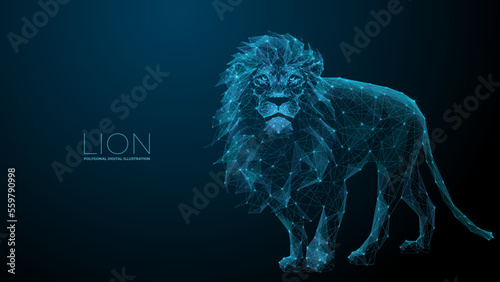 Lion. Digital polygon illustration. Isolated line and dots technology illustration. King of beasts wireframe 3d vector background.