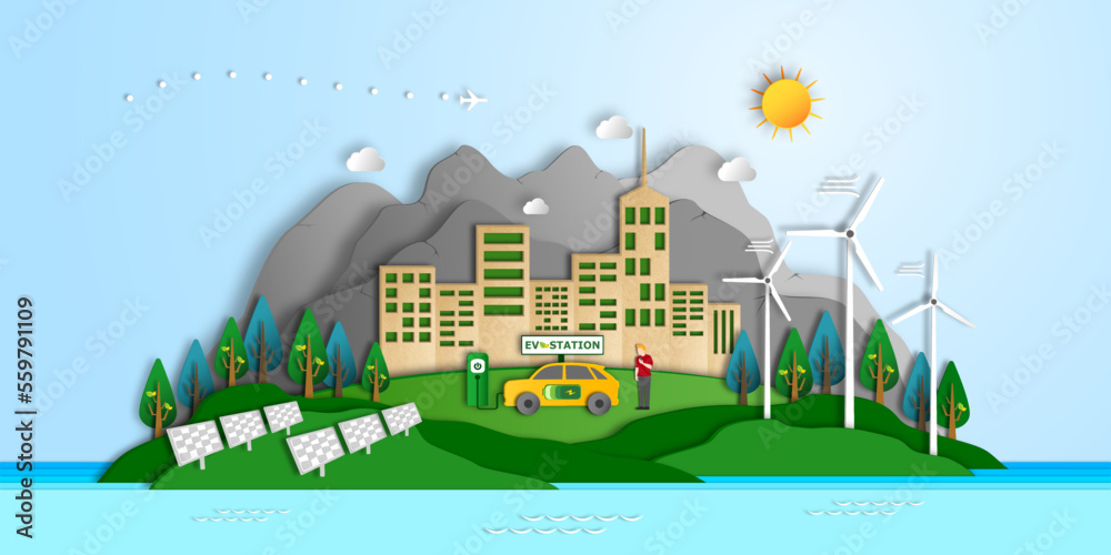 Renewable energy concept, Environmentally sustainability ecological, City with Electric car and Electricity from wind power generators, Solar panels, Green power technology connected to smart urban.