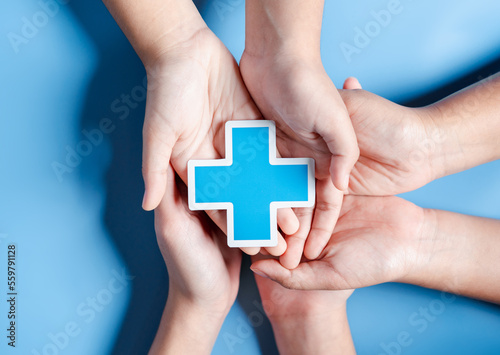 Health insurance concept. people hands holding plus and healthcare medical icon, health and access to welfare health concept.