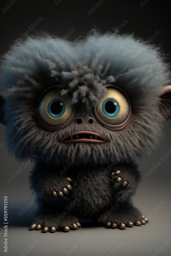 Portrait of a sad cute alien monster, a hairy alien with big eyes. Generative AI illustration	
