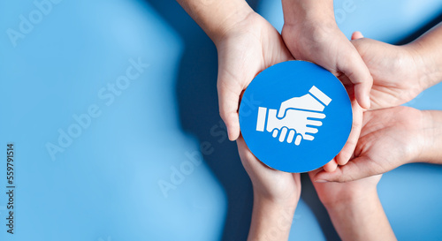Business hands holding handshake icon, creative and set up business objective target goal, marketing solution, target for business investment.