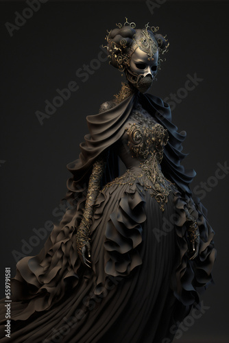 Dark queen of nightmares, a fantasy portrait of a stylish woman dressed in a beautiful dress. Generative AI illustration