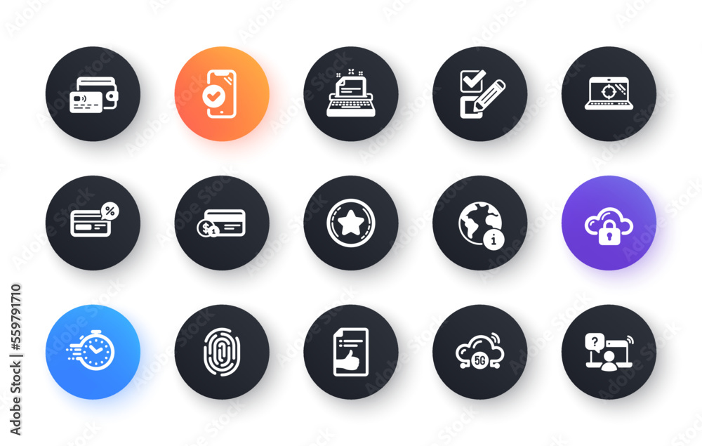 Minimal set of Loyalty star, Fingerprint and 5g cloud flat icons for web development. Checkbox, Internet, Approved document icons. Timer, Cloud protection, Wallet web elements. Vector Minimal set of Loyalty star, Fingerprint and 5g cloud flat icons for web development. Checkbox, Internet, Approved document icons. Timer, Cloud protection, Wallet web elements. Vector