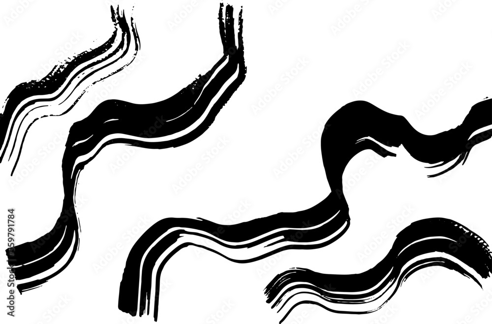 Grunge ink brush strokes. Freehand black vector brushes. Handdrawn dry brush wave smears