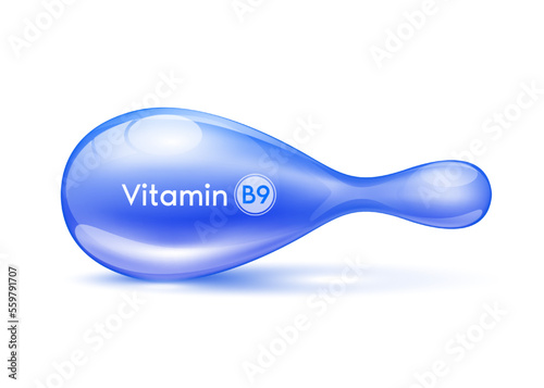 Cosmetic capsule Vitamin B9 or Collagen antibiotic gel pill template for repair Skin care anti age and Hair. Serum capsule blue 3D realistic isolated on white background. Vector EPS10.