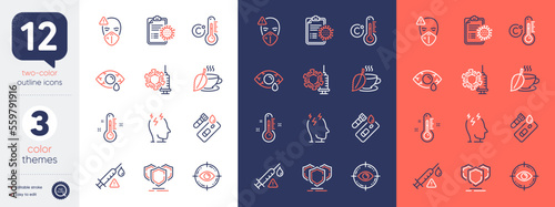 Set of Ð¡onjunctivitis eye, Medical mask and Coronavirus vaccine line icons. Include Vaccine attention, Thermometer, Covid test icons. Eye target, Stress, Celsius thermometer web elements. Vector