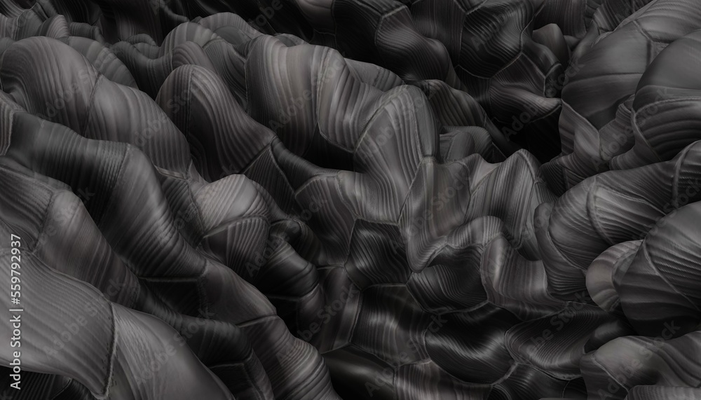 Detail of a rock with variants of black. Rock full of curves and smooth. Close up rocks, texture dramatic. 3D Rendering Detail of a rock with variants of black. Rock full of curves and smooth. Close up rocks, texture dramatic. 3D Rendering